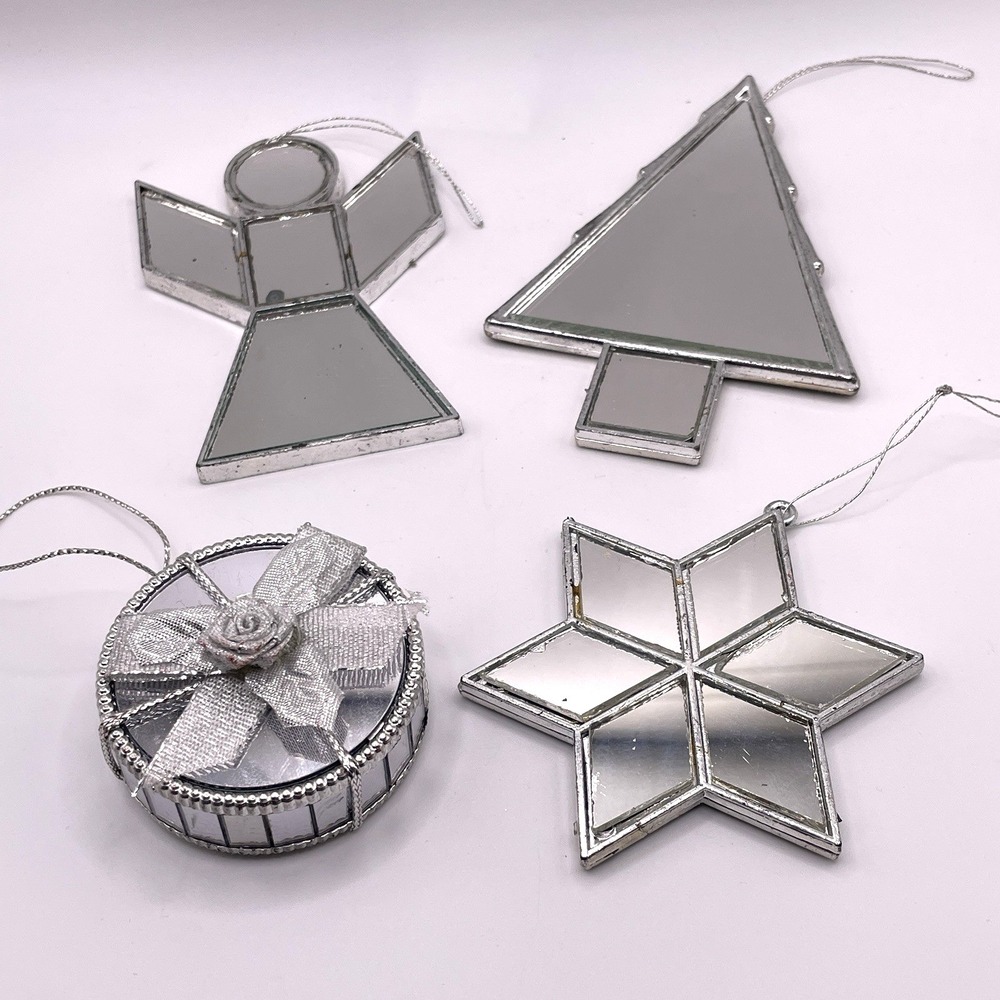 Vintage MOD‎ Retro Mirror Silver Christmas Tree Ornaments 1960s LOT of 4